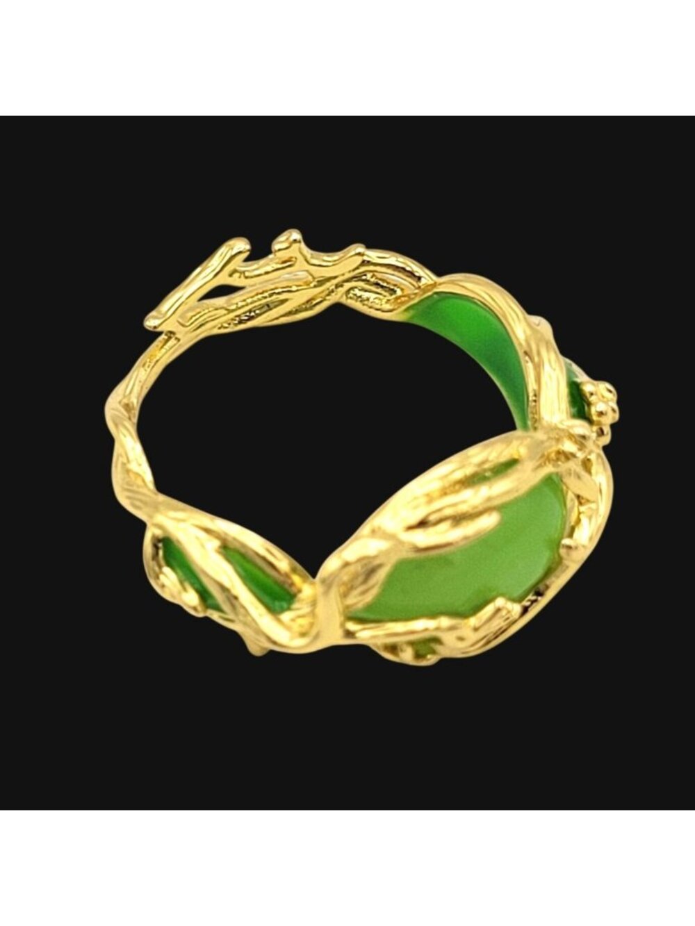 Art Nouveau-Inspired Vining Goldtone Ring Green Stone Enamel Accents Size 7.5